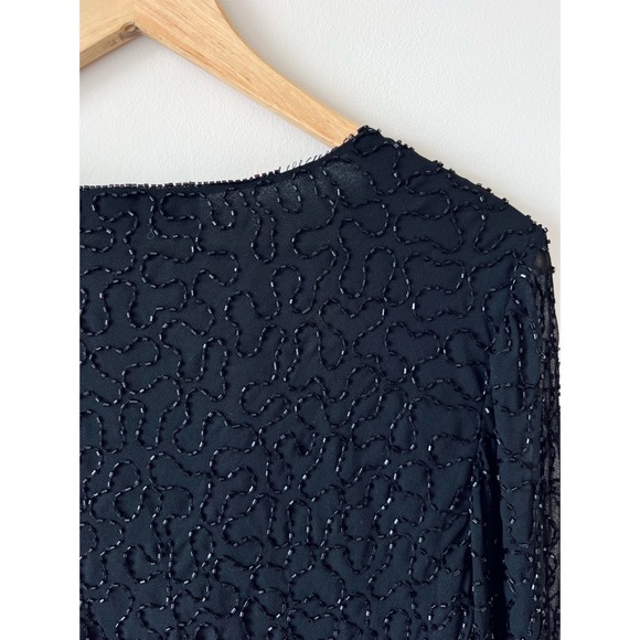 JKARA 🌸 Beaded Black Bell Sleeve V-Neck Top w Sharktail Hem - Picture 11 of 13
